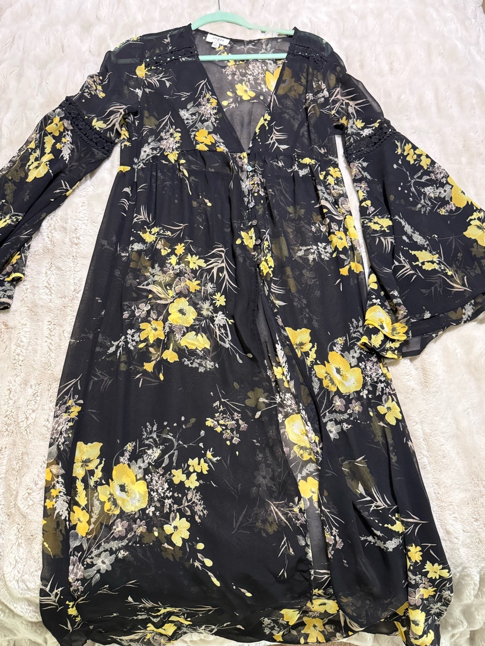 Umgee Black Floral Dress Kimono with Yellow Blossoms Size Medium